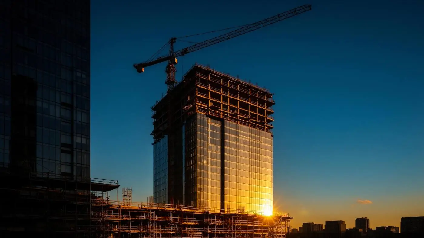 Tower crane above a high-rise building under construction at sunset